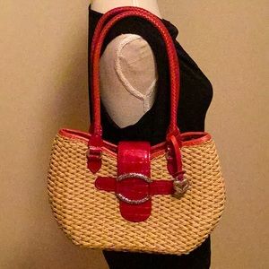 Vintage Brighton Wicker Shoulder Bag with Red Leather and Silvertone Hardware